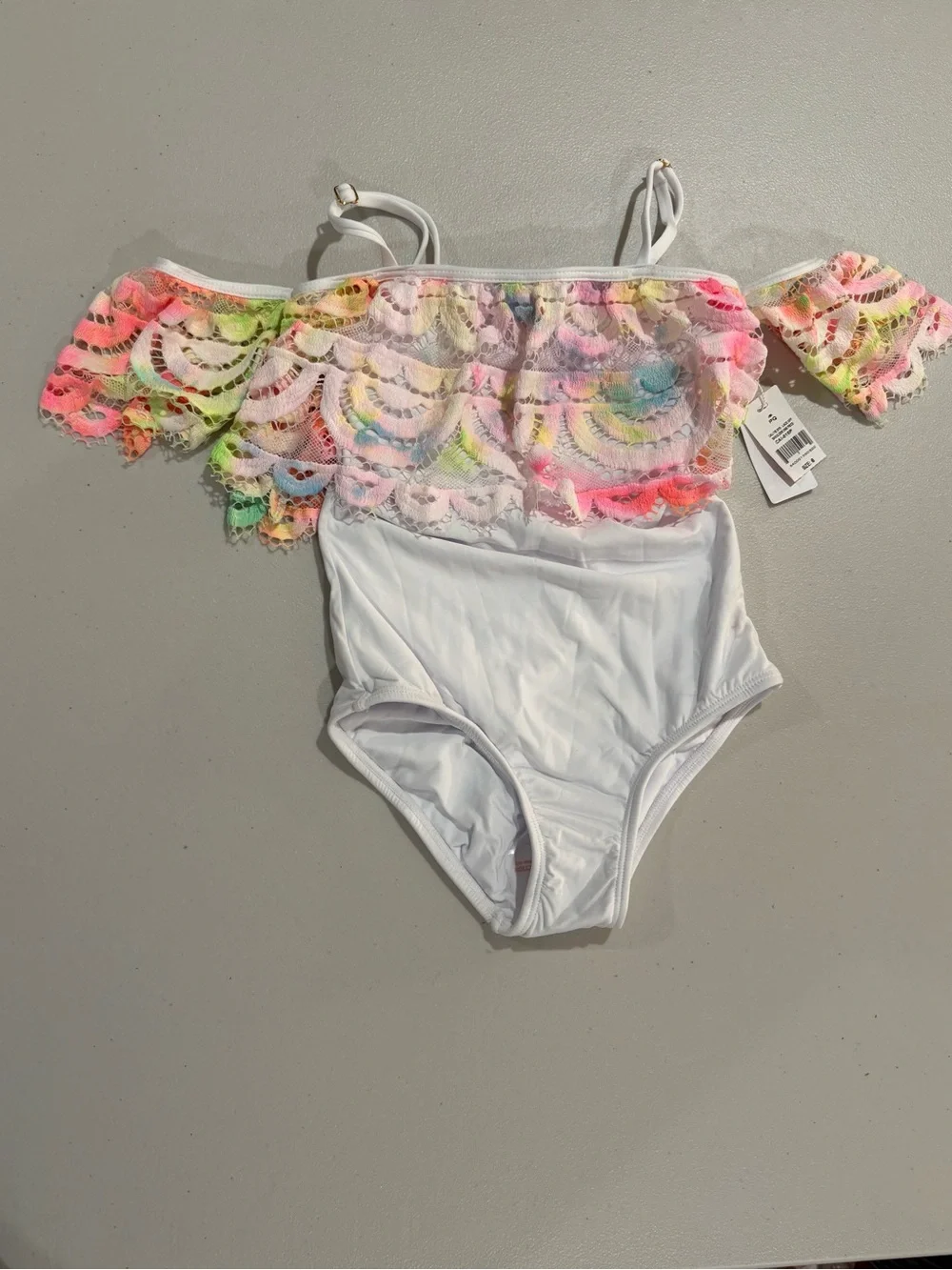 Pilyq White One-Piece Swimsuit with Neon Lace Ruffle